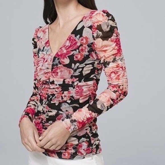Elegant White House Black Market Floral Blouse - Feminine Ruched Design Size XL - Picture 1 of 8